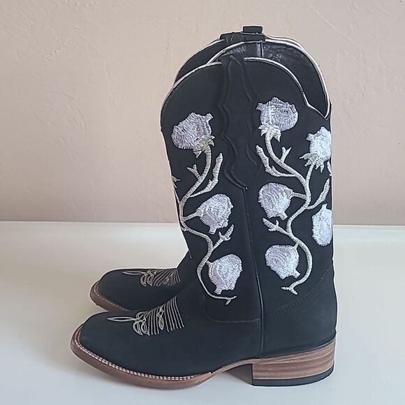 White Diamond Black Nubuck Leather White Flowers Square Toe Rodeo Boot Size 6.5 - Picture 4 of 16